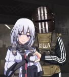  1boy 1girl body_armor escape_from_tarkov girls_frontline gloves hair_ribbon heart heart_hands heart_hands_duo highres interchange jacket jizi killa_(escape_from_tarkov) killa_helmet load_bearing_vest looking_at_viewer purple_eyes ribbon rpk-16_(girls_frontline) silver_hair smile standing track_suit upper_body 