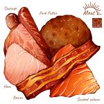  artist_logo bacon fish_(food) food food_focus ham highres meat no_humans original pork salmon sausage simple_background white_background yuki00yo 