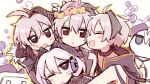  4girls :o ahoge androgynous black_hair blush cevio chibi chibi_only choker ci_flower closed_eyes flower_(gynoid_talk) flower_(vocaloid) flower_(vocaloid3) flower_(vocaloid4) happy happy_birthday head_wreath high_ponytail hood hooded_jacket jacket long_hair mechanization multicolored_hair multiple_girls one_eye_closed purple_headphones robot short_hair short_hair_with_long_locks simple_background smile t705gp tomboy two-tone_hair vocaloid white_hair 