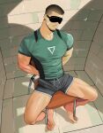 1boy absurdres arms_behind_back bandaid bandaid_on_cheek bandaid_on_face bara barefoot blindfold buzz_cut facial_hair full_body goatee_stubble highres katto8452 large_pectorals male_focus micro_shorts muscular muscular_male mustache_stubble on_chair original pectorals shirt short_hair shorts solo stubble t-shirt three_quarter_view undercut very_short_hair 
