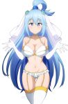  1girl absurdres aqua_(konosuba) aqua_panties audirenze blue_eyes blue_hair blush bra breasts bride cleavage closed_mouth collarbone cowboy_shot elbow_gloves frilled_bra frilled_panties frills garter_straps gloves highres kono_subarashii_sekai_ni_shukufuku_wo! large_breasts lingerie long_hair looking_at_viewer navel panties simple_background single_hair_ring smile solo standing thighhighs underwear white_background white_bra white_gloves white_thighhighs yellow_garter_straps 