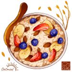  almond artist_logo banana banana_slice berry blueberry bowl food food_focus food_name fruit highres no_humans nut_(food) oatmeal original spoon strawberry white_background wooden_spoon yuki00yo 