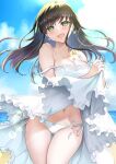  1girl :d absurdres ass_visible_through_thighs bangs bare_shoulders beach black_hair blush bow bow_panties breasts cowboy_shot day dress dress_lift earrings eyebrows_visible_through_hair frilled_dress frills green_eyes highres hikaru_(gevp7588) jewelry lace-trimmed_dress lace_trim lens_flare lifted_by_self long_hair looking_at_viewer medium_breasts navel necklace open_mouth original outdoors panties side-tie_panties smile solo standing strap_slip sundress sunlight thigh_gap underwear white_dress white_panties 