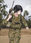  1girl absurdres ammunition_pouch assault_rifle australia australian_army australian_flag avee_(silent_kookaburra) black_hair blue_eyes blurry blurry_background body_armor bulletproof_vest bullpup camouflage camouflage_jacket camouflage_pants closed_mouth collarbone commission foregrip gun hair_between_eyes handgun headphones headset highres holding holding_gun holding_weapon holster holstered jacket keiita knee_pads laser_sight load_bearing_vest long_sleeves magazine_(weapon) military optical_sight original outdoors pants pouch radio radio_antenna rifle scope short_hair soldier solo standing steyr_aug tactical_clothes trigger_discipline upper_body vertical_foregrip weapon woodland_camouflage 