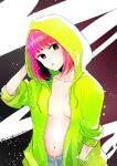  1girl absurdres arima_kana belly blush breasts collarbone commentary_request dated denim green_sweater hand_in_pocket head_tilt highres hood hood_up hooded_jacket jacket jeans looking_at_viewer medium_breasts medium_hair navel open_clothes open_fly open_jacket oshi_no_ko pants red_eyes red_hair signature sleeves_past_elbows sweater tongue tongue_out twitter_username yurigera_8959 