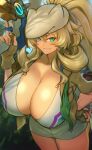  1girl absurdres barghest_(fate) barghest_(swimsuit_archer)_(fate) barghest_(swimsuit_archer)_(first_ascension)_(fate) bikini blonde_hair blue_eyes breasts cleavage fate/grand_order fate_(series) fingerless_gloves gloves green_eyes green_neckerchief grey_hat grey_skirt gun hand_on_own_hip hat heterochromia high_ponytail highres holding holding_gun holding_weapon huge_breasts lc_butter long_hair looking_at_viewer multicolored_bikini multicolored_clothes multicolored_eyes neckerchief pencil_skirt red_eyes scout_uniform shirt sidelocks skirt solo swimsuit thick_thighs thighs undone_neckerchief weapon white_bikini yellow_gloves yellow_shirt 