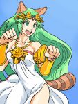  animal_ears blue_background breasts chain diadem gold_chain green_eyes green_hair kid_icarus kid_icarus_uprising open_mouth palutena paw_pose raccoon_ears raccoon_tail simple_background super_leaf_(transformation) super_smash_bros. tail toppa_(igarappa) vambraces 