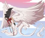 ambiguous_gender cape chalcy_(tanenjo) clothed clothing dragon duo eastern_dragon feathered_wings feathers feral fuf fur hi_res human male mammal mythological_creature mythological_scalie mythology open_mouth riding_on_back scalie tail tail_tuft tuft white_body white_fur white_wings wings