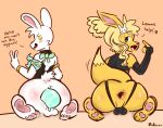  absurd_res anthro anus armband blonde_hair blush body_blush bow_(feature) butt butt_blush canid clothed clothing duo egg english_text feet femboy gaping gaping_anus hair hi_res hybrid_pokemon lagomorph leporid lonnie_(riderrr) male male_oviposition mammal nintendo orange_body oviposition partially_clothed pawpads pokemon pokemon_(species) presenting presenting_anus presenting_hindquarters rabbit riderrr text text_on_clothing white_body 