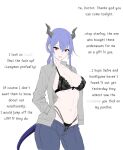 1girl arknights black_bra black_panties blue_hair bra ch&#039;en_(arknights) denim dragon_girl dragon_horns dragon_tail english_text gladius_pvp hands_in_pockets highres horns jeans lace-trimmed_bra lace_trim long_hair looking_at_viewer open_clothes open_shirt panties pants red_eyes solo tail underwear white_background 