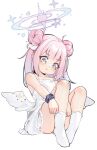  1girl angel_wings apron ass blue_archive blush closed_mouth collarbone crescent crescent_pin double_bun feathered_wings hair_bun halo highres long_hair mika_(blue_archive) painterliuhao pink_hair pink_halo pout simple_background socks solo white_apron white_background white_socks white_wings wings yellow_eyes 