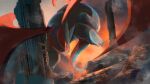  absurdres animal_focus black_eyes claws commentary_request dragon dutch_angle fire flying full_body gen_3_pokemon highres no_humans outdoors pillar pokemon pokemon_(creature) rock salamence smoke solo umi_hire wings 