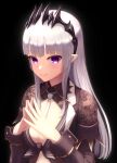  1girl absurdres bangs black_background blunt_bangs breasts cleavage demon_girl demon_horns eyebrows_visible_through_hair highres honey_strap horns long_hair long_sleeves looking_at_viewer medium_breasts mole mole_under_eye pointy_ears purple_eyes simple_background smile solo sougetsu_eli virtual_youtuber white_hair yatarime 