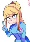  1girl absurdres bbycheese blonde_hair blue_bodysuit blue_eyes blush bodysuit breasts cropped_arms cropped_torso highres long_hair medium_breasts metroid ponytail samus_aran simple_background skin_tight solo upper_body v white_background zero_suit 