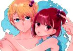  1boy 1girl :o arima_kana blonde_hair blue_eyes bob_cut copyright_name hair_ornament highres hoshino_aquamarine hug looking_at_viewer medium_hair open_mouth oshi_no_ko red_eyes red_hair short_hair simple_background star-shaped_pupils star_(symbol) swimsuit symbol-shaped_pupils topless_male yurigera_8959 