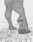  2020 ambiguous_gender anthro big_feet biped building building_destruction canid canine canis city city_destruction claws cloud destroyed_building destruction feet foot_focus fur giga greyscale hi_res kara_(karawuff) landscape_dwarfing macro mammal monochrome mountain outside pawpads paws perenthis plantigrade rear_view sky skyscraper solo stomping toe_claws walking wolf 