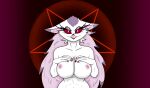 anthro avian beak big_breasts breasts demon feathers female helluva_boss hi_res madkrayzydave_(artist) mature_female nipples nude occult_symbol pentagram pink_body pink_feathers red_eyes simple_background smile solo stella_(helluva_boss) symbol white_body white_feathers