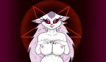  anthro avian beak big_breasts breasts demon feathers female helluva_boss hi_res madkrayzydave_(artist) mature_female nipples nude occult_symbol pentagram pink_body pink_feathers red_eyes simple_background smile solo stella_(helluva_boss) symbol white_body white_feathers 