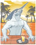  2024 anthro arm_hair armpit_hair beard belly_hair beverage billfish blue_marlin body_hair chest_hair clothed clothing eyewear facial_hair fish forearm_hair forearms glasses hi_res istiophoriform looking_at_viewer male manly marine marlin muscular navel nipples open_mouth palm_tree partially_submerged pecs plant snarkysardine solo sunset swimming_pool topless tree water_droplets wet 
