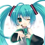 1girl ahoge ayabisu blue_eyes blush collared_shirt detached_sleeves hair_ornament hand_on_own_chest hatsune_miku headset heart long_hair long_sleeves looking_at_viewer nail_polish necktie one_eye_closed shirt sleeveless sleeveless_shirt smile solo twintails upper_body vocaloid 