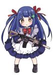  1girl :o assault_rifle blue_hair bow bowtie brown_eyes cho980621 clover_hair_ornament date_a_live dress genderswap genderswap_(mtf) gun h&amp;k_hk416 hair_ornament itsuka_shidou itsuka_shiori long_hair maid open_mouth red_bow red_bowtie red_ribbon ribbon rifle solo weapon 
