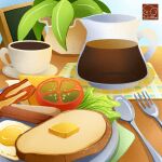  artist_logo bacon bread butter chair coffee coffee_mug coffee_pot cup egg_(food) food food_focus fork fried_egg highres lettuce meat mug no_humans original plant potted_plant spoon table tomato yuki00yo 