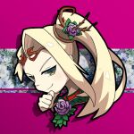  blonde_hair cropped_shoulders drop_shadow flower hair_flower hair_ornament hand_on_own_chin kid_icarus kid_icarus_uprising looking_at_viewer osahash15 photo_background ponytail purple_background purple_flower purple_rose rose smirk solo viridi 