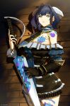  1girl absurdres bloodstained:_ritual_of_the_night blue_eyes blue_hair breast_tattoo cosplay erasorpepero highres holding holding_sword holding_weapon looking_at_viewer medium_hair ouro_kronii solo sword tattoo weapon 