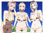  3girls artoria_pendragon_(fate) artoria_pendragon_(lancer)_(fate) bikini blonde_hair blue_sky border bracelet breasts carmilla_(fate) eyewear_on_head fate/grand_order fate_(series) flower gold_bikini grey_hair hair_flower hair_ornament highres huge_breasts jewelry large_breasts leaning_forward light_blush looking_at_viewer mature_female micro_bikini miyamoto_musashi_(fate) monkey_jon multiple_girls outside_border scrunchie sky sunglasses swimsuit teeth thong_bikini upper_teeth_only white_border wrist_scrunchie 