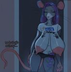  anthro breasts clothing female hair hi_res mammal murid murine nipples purple_hair pyredaemos rat rita_(pyredaemos) rodent sagging_breasts shirt slim solo topwear underwear 