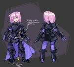  1girl armor black_armor boots breastplate cape color_guide crotch_plate cuirass english_commentary english_text fate/grand_order fate_(series) faulds full_body gauntlets gloves gorget greaves grin hair_over_one_eye half-closed_eye high_heel_boots high_heels looking_to_the_side mash_kyrielight medium_hair multiple_views partially_fingerless_gloves pauldrons pink_hair purple_cape purple_eyes redesign reference_sheet rerebrace scabbard sheath sheathed shoulder_armor signature sketch smile sword teeth vitwixt waist_cape weapon 