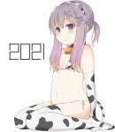  1girl 2021 animal_print bell bikini blush chinese_zodiac collar cow_horns cow_print cow_print_bikini elbow_gloves flat_chest gloves gradient_hair hair_ornament hairband hairclip highres horns kantai_collection long_hair looking_to_the_side multicolored_hair navel neck_bell orange_hair parted_lips print_bikini purple_eyes purple_hair short_ponytail sidelocks sitting soba_(sobaya1938) solo swimsuit thighhighs tsushima_(kancolle) two-tone_hair year_of_the_ox 