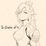  1girl anonymer_benutzer breasts chinese_commentary closed_mouth commentary crown earrings from_side greyscale_with_colored_background jewelry lineart long_hair looking_at_viewer looking_to_the_side low_neckline mario_(series) medium_breasts mini_crown princess_peach puffy_short_sleeves puffy_sleeves short_sleeves sidelocks solo sphere_earrings upper_body 