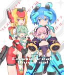  absurdres aqua_eyes aqua_hair blonde_hair blue_eyes blue_hair braid breasts carrying carrying_person cerauniae china_dress chinese_clothes cleavage collaboration cosmic_break crimrose crossover desktop_army detached_sleeves double_bun dress fang hair_bun hands_up headgear highres large_breasts lily_rain long_hair looking_at_viewer mecha_musume mechanical_skirt multiple_girls open_mouth pink_hair purple_eyes red_eyes sharp_teeth short_hair sideboob sidelocks skin_fang small_breasts smile sylphy_(desktop_army) teeth titania_genbu_(cosmic_break) twintails 