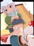  1girl :t absurdres aqua_scarf arms_behind_back belt black_belt blue_hair blue_shorts blush breasts capelet chris_(konosuba) closed_mouth commentary cowboy_shot crop_top food from_side frown fruit green_capelet grey_shirt hair_between_eyes highres kono_subarashii_sekai_ni_shukufuku_wo! light_blue_hair looking_at_viewer medium_hair motion_lines navel pout pudding purple_eyes restrained rope scarf shirt shorts simple_background sitting small_breasts solo split_mouth stomach strawberry tears thighhighs u_illustrator white_background white_thighhighs 