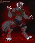  2023 absurd_res anthro blood bodily_fluids canid canine canis clothed clothing hair hi_res knife knife_in_mouth knife_play male mammal mythological_canine mythological_creature mythology object_in_mouth pawpads paws smile solo thaismotosuwa were werecanid werecanine werewolf white_hair wolf wounded 