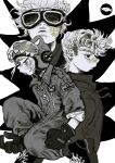  3boys colored_skin frown gloves goggles highres male_focus mettaflix monochrome multiple_boys original shirt shoes teeth two-tone_background white_hair white_skin 