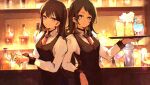  2girls absurdres bang_dream! bang_dream!_it&#039;s_mygo!!!!! bartender black_hair black_vest blush bottle closed_mouth commentary commission cup dated drinking_glass earclip earrings english_commentary highres holding holding_cup jewelry long_hair long_sleeves looking_at_viewer medium_hair mole mole_under_eye multiple_girls purple_eyes rnna shiina_taki shirt signature textless_version twitter_username vest white_eyes white_shirt yahata_umiri 