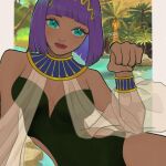  1girl absurdres arm_support artist_name black_one-piece_swimsuit bob_cut breasts cleavage clothing_cutout highres lying menat on_side one-piece_swimsuit palm_tree purple_hair red_lips see-through short_hair side_cutout solo street_fighter street_fighter_v swimsuit tamao_no_ta toned_female tree water 