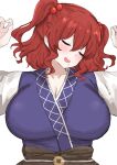  1girl absurdres blush breasts coin drooling hair_bobbles hair_ornament highres kumiyabe large_breasts obi onozuka_komachi open_mouth red_eyes red_hair sash simple_background sleeping solo touhou two_side_up upper_body white_background 