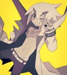  1boy absurdres akutare_(disgaea) belt demon_boy disgaea hair_between_eyes highres himawari_(kawaisounaedesu) jacket jewelry long_sleeves male_focus navel necklace one_eye_closed open_clothes open_jacket pants smile solo teeth yellow_background 