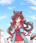  1girl animal_ears antenna_hair armor banner blush closed_eyes closed_mouth cloud commentary_request crossed_arms hair_between_eyes hair_ornament headband highres horse_ears horse_girl horse_tail jacket japanese_armor long_hair low_twintails minmin_(kemomofuri) no_reason_(umamusume) sky solo tail thighhighs twintails umamusume uniform 