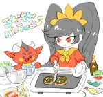  1girl :o ascot ashley_(warioware) bag bib black_hair blush_stickers bowl colored_skin cookie cooking cutting demon dress food grey_hair hairband holding holding_knife holding_plate horns knife long_hair long_sleeves looking_at_food open_mouth orange_ascot parted_lips plate purple_eyes red_(warioware) red_dress red_eyes red_skin red_sleeves short_hair skull_brooch smile solid_circle_eyes thick_eyebrows translation_request tsui_ni_tsuin twintails upper_body very_long_hair very_short_hair warioware warioware:_move_it! whisk white_background white_horns yellow_hairband 