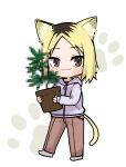  1girl :3 animal_ears black_eyes black_hair blonde_hair blush brown_pants cat_ears cat_girl cat_tail censored chibi closed_mouth flower_pot full_body highres holding holding_flower_pot hood hood_down hoodie long_sleeves looking_at_viewer marijuana mayuko_(mayumaaaaaro) medium_hair mosaic_censoring multicolored_hair pants paw_print paw_print_background plant potted_plant purple_hoodie roots_(hair) simple_background smile solo standing tail toes_up white_background yaku_neko_(yani_neko) yani_neko 