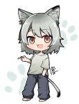  1girl :3 animal_ear_piercing animal_ears barefoot black_pants brown_eyes cat_ears cat_tail chibi cigarette full_body grey_hair grey_shirt hand_in_pocket highres holding holding_cigarette looking_at_viewer mayuko_(mayumaaaaaro) open_mouth pants paw_print paw_print_background shirt short_hair short_sleeves signature simple_background smile solo standing sweatpants t-shirt tail white_background yani_neko yani_neko_(yani_neko) 