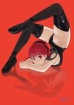  1girl absurdres artist_name ass bare_shoulders black_bodysuit black_thighhighs bodysuit breasts chest_stand contortion crossed_arms flexible hair_tie high_heels highres looking_at_viewer medium_breasts persona persona_5 ponytail red_background red_eyes red_hair sideboob signature simple_background smile solo springhead swept_bangs thighhighs thighs yoshizawa_kasumi 