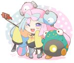  1girl bellibolt bow-shaped_hair character_hair_ornament grey_pantyhose hair_ornament hexagon_print iono_(pokemon) jacket long_hair low-tied_long_hair magnemite mugita_konomi multicolored_hair one_eye_closed open_mouth oversized_clothes pantyhose pokemon pokemon_sv rotom rotom_phone sharp_teeth signature simple_background single_leg_pantyhose sleeves_past_fingers sleeves_past_wrists split-color_hair teeth two-tone_hair very_long_sleeves yellow_jacket 