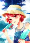  1girl absurdres arima_kana blush bob_cut breasts copyright_name food hat highres holding holding_food holding_popsicle looking_at_viewer medium_breasts medium_hair oshi_no_ko popsicle red_eyes red_hair short_hair smile swimsuit teeth yurigera_8959 