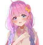  1girl :d ahoge blush eyebrows_visible_through_hair flower fur_scarf furisode gradient_hair green_eyes hair_flower hair_ornament heterochromia highres himemori_luna hololive ironeko_rika japanese_clothes kanzashi kimono long_hair looking_at_viewer multicolored_hair open_mouth pink_hair portrait print_kimono purple_eyes purple_hair simple_background smile solo two-tone_hair upper_body virtual_youtuber white_background 