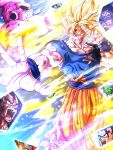  6+boys absurdres battle_damage blonde_hair blue_shirt dragon_ball dragon_ball_z genki_dama goku_day green_eyes highres injury kibitoshin kid_buu majin_buu male_focus medium_hair mr._satan multiple_boys muscular muscular_male orange_pants outstretched_arm pants piccolo rou_kaioushin salute shirt smile son_gohan son_goku son_goten stmt_tmtk super_saiyan super_saiyan_1 torn_clothes torn_pants torn_shirt trunks_(dragon_ball) two-finger_salute vegeta 